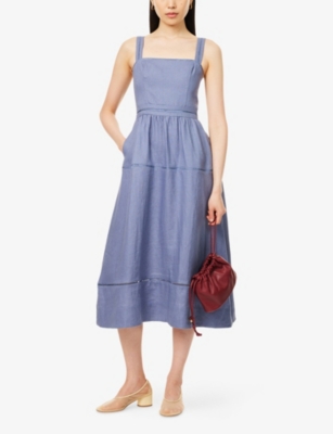 Reformation Womens Everett Square-neck Linen Midi Dress Cornflower