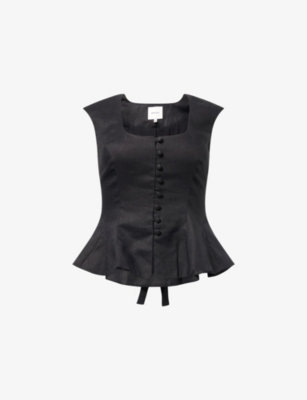 Reformation Womens Black Paolina Flared-hem Linen Top