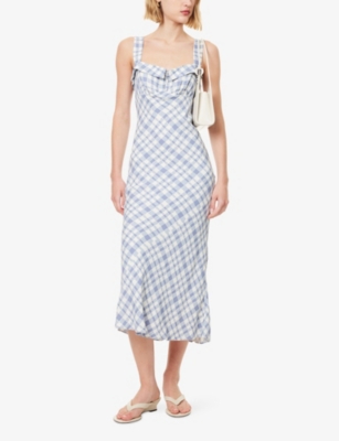 Reformation Womens Tancy Checked Crepe Midi Dress Jodie In White
