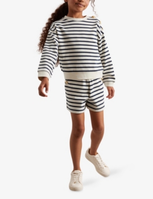 Reiss Navy Ivory Daya Striped Cotton-blend Sweatshirt And Shorts Set 9-13 In Multi