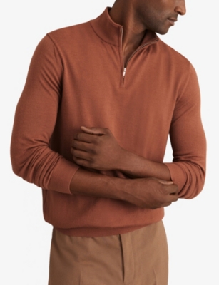 Reiss Mens Cinnamon Brown Blackhall Zip-neck Long-sleeve Merino-wool Jumper In Brown