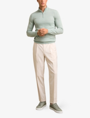 Reiss Mens Sage Green Melange Blackhall Zip-neck Long-sleeve Merino-wool Jumper Xs In Green