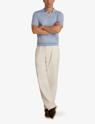 Reiss Soft Blue Merino Wool Open Collar Polo Shirt In Blue