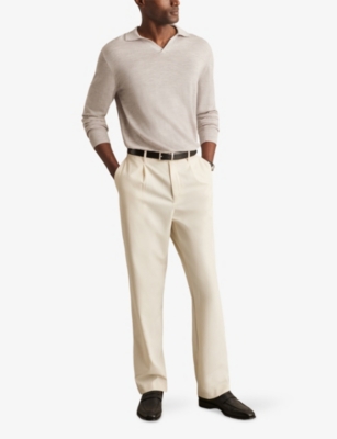 Reiss Mens Wicker Brown Melange Milburn Open-neck Long-sleeve Merino-wool Jumper In Gray