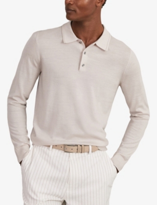 Reiss Mens Beige Trafford Regular-fit Long-sleeve Merino-wool Polo Xs In Pink