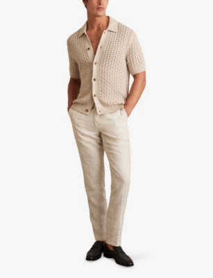 Reiss Mens Stone Toby Basketweave-knit Stretch Cotton-blend Shirt In Neutral