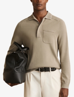 Reiss Mens Light Sage Green Clinton Patch-pocket Long-sleeve Cotton Polo In Brown