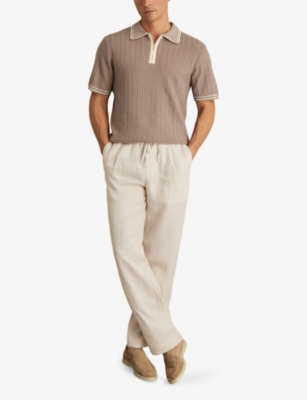 Reiss Mens Jarvis Micro-cable Short-sleeve Knitted Polo Light Taupe Brown In Neutral