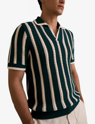 Reiss Mens Dark Teal Green Ecru Duncan Striped Cotton-blend Polo Shirt Xl In Pattern