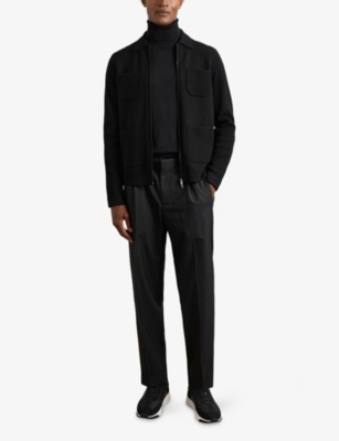 Reiss Mens Black Roberto Patch-pocket Knitted Cardigan Xl In Black