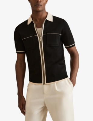 Reiss Mens Black Stone Baxter Zip-up Stretch-knit Shirt In Black