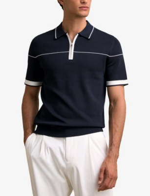Reiss Mens Navy White Bradford Contrast-seam Half-zip Stretch-knit Polo In Blue