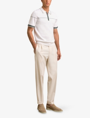 Reiss Mens White Green Bradford Contrast-seam Half-zip Stretch-knit Polo Xs In Black