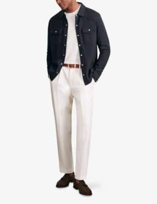 Reiss Mens Navy Ledger Patch-pocket Long-sleeve Cotton And Cashmere-blend Western Shirt In Blue
