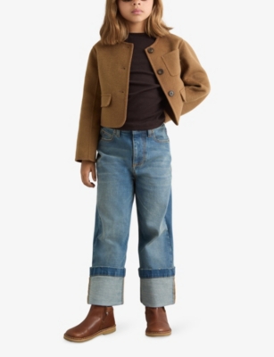 Reiss Camel Wool-blend Cropped Collarless Jacket In Brown