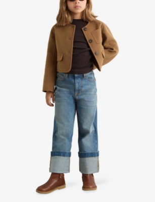 Reiss Camel Wool-blend Cropped Collarless Jacket In Brown