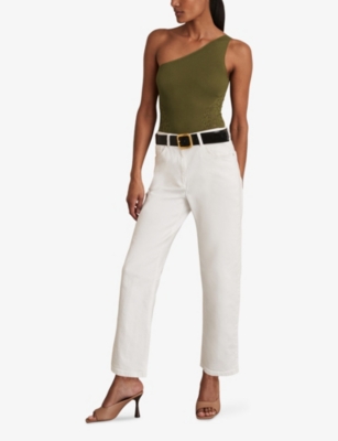 Reiss Womens Rosa Lace-embroidered One-shoulder Stretch-woven Bodysuit Green In Green