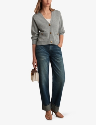 Reiss Womens Mila V-neck Button-up Wool And Cashmere-blend Cardigan Silver Grey Xs In Gray