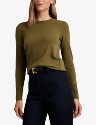 Reiss Womens Khaki Green Anya Open Stitch-detail Wool-blend Jumper In Green