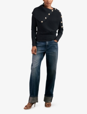 Reiss Womens Navy Lexi Shawl-collar Button-embellished Stretch-knit Jumper Xs In Blue