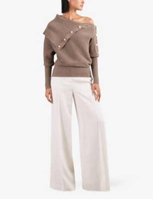 Reiss Womens Lexi Shawl-collar Button-embellished Stretch-knit Jumper Taupe In Brown