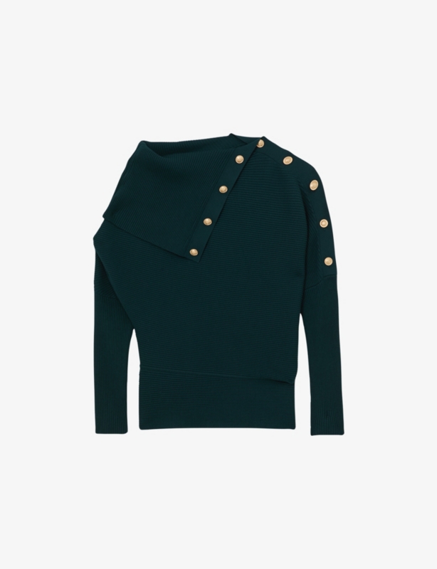 Lexi Shawl-Collar Button-Embellished Stretch-Knit Jumper
