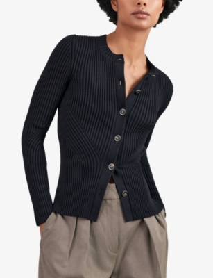 Reiss Womens Navy Tula Ribbed Knitted Cardigan In Blue