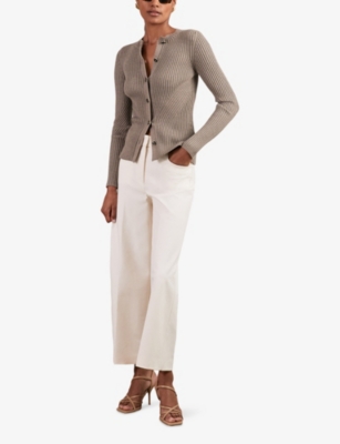 Reiss Womens Stone Tula Ribbed Knitted Cardigan In Brown