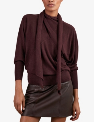 Reiss Womens Burgundy Alexis Scarf-tie Long-sleeve Draped Wool Jumper In Burgundy