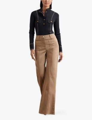 Reiss Womens Navy Eva Contrast-stitch Long-sleeve Stretch-knit Top In Blue
