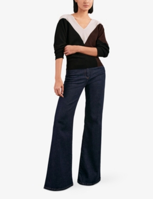 Reiss Womens Black Burgundy Cream June V-neck Colour-block Wool And Cashmere-blend Jumper In Black