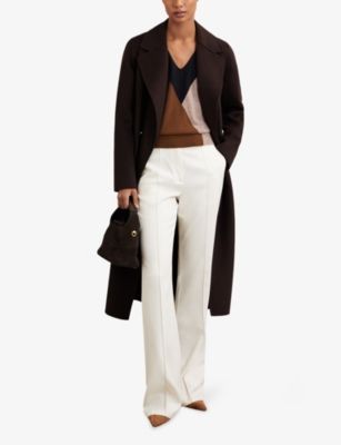 Reiss Womens Toffee Brown Navy Neutra June V-neck Colour-block Wool And Cashmere-blend Jumper In Multi