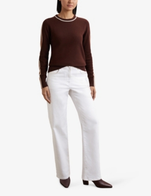 Reiss Womens Burgundy Tan Anne Crewneck Colour-block Wool And Cashmere-blend Jumper In Brown