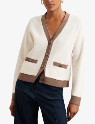 Reiss Womens Cream Neutral Olli Colour-block Long-sleeve Wool Cardigan In Neutral