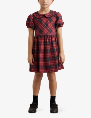 Reiss Red Demi Checked Puff-sleeve Cotton Mini Dress 3-9 In Red