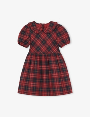 Reiss Red Demi Checked Puff-sleeve Cotton Mini Dress 3-9 In Red
