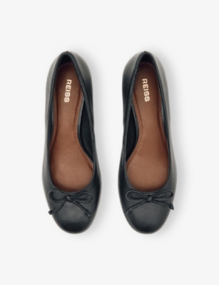 Reiss Black Leather Block Heel Ballerina Shoes In Black