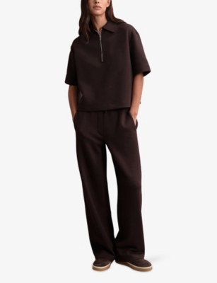 REISS: Pia Zip-Neck Short-Sleeve Stretch-Jersey Sweatshirt