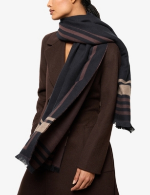 Reiss Womens Camila Border-detail Knitted Scarf Navy In Black