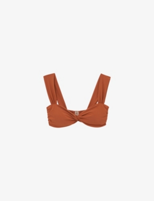 REISS: Hallie Twist-Front Ruched-Side Stretch-Woven Bikini Top