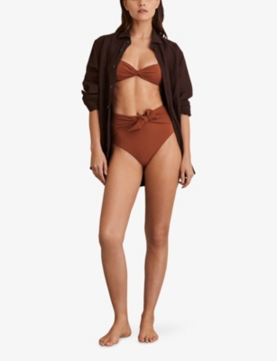 Reiss Womens Hallie Tie-waist High-rise Stretch-woven Bikini Bottoms Brown In Brown