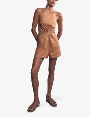 Reiss Womens Brown Bay Halter-neck Cut-out Linen Playsuit In Brown