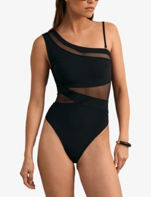 Reiss Womens Black Davina One-shoulder Mesh Swimsuit In Black