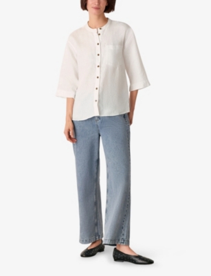 Whistles Womens White Grandad-collar Linen Shirt