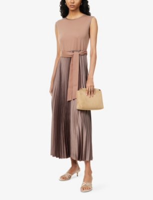 Weekend Max Mara Omens Brown Sleeveless Pleated Jersey And Satin Midi Dress In Brown
