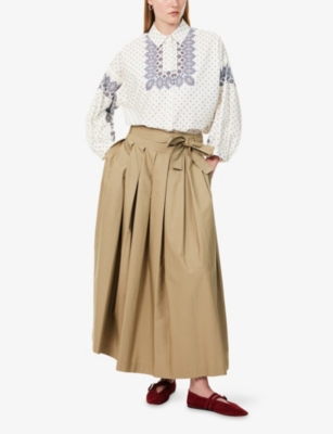 Weekend Max Mara Omens Desert Agiate Pleated Cotton-poplin Midi Skirt In Brown