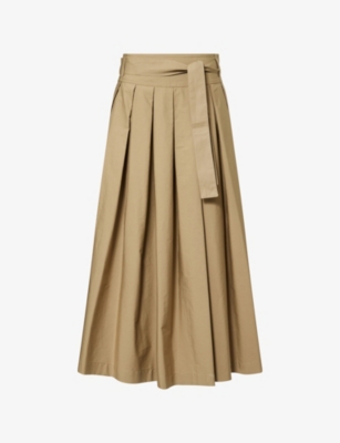 Weekend Max Mara Omens Desert Agiate Pleated Cotton-poplin Midi Skirt In Brown