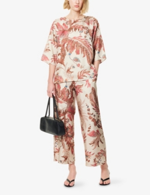 Weekend Max Mara Omens Beige Temide Floral-print Wide-leg Silk Trousers