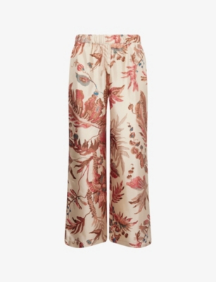 Weekend Max Mara Omens Beige Temide Floral-print Wide-leg Silk Trousers
