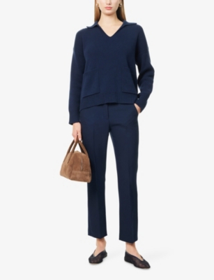 Weekend Max Mara Omens Navy Saloon V-neck Cotton Jumper In Blue